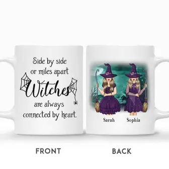 Custom Halloween Witches Gifts Personalized Name Side By Side Or Miles Apart Witches Will Always Be Connected By Heart - Seseable