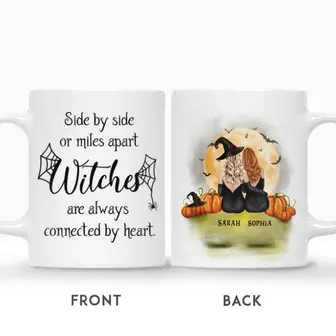Custom Halloween Witches Besties Gifts Personalized Name Side By Side Or Miles Apart Witches Will Always Be Connected By Heart - Seseable