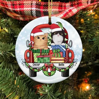 Personalized Gift For Cat Dad, Mom Ceramic Christmas Ornament, Cat Present Christmas Tree Red Car Truck, Gift For Cat Lovers - Thegiftio UK