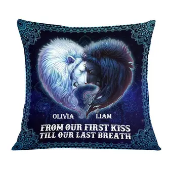 Personalized Gift For Couple, Anniversary Gift Love Sun Moon Lion Pillow, From Our First Kiss Till Our Last Breath - Thegiftio UK