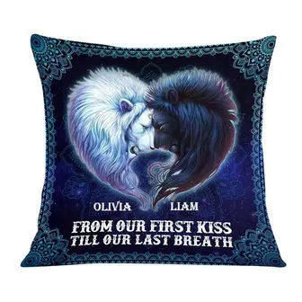 Personalized Gift For Couple, Anniversary Gift Love Sun Moon Lion Pillow, From Our First Kiss Till Our Last Breath - Thegiftio