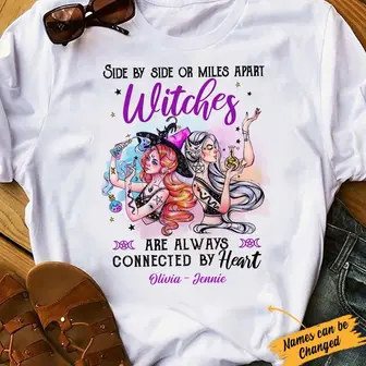 Personalized Halloween Friends Sisters, Witch Friends Connected By Heart TShirt, Bestie BFF Gift - Thegiftio