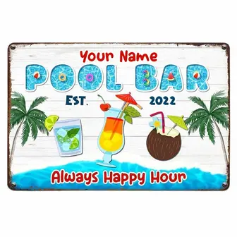 Personalized Pool Bar Happy Hour Metal Sign - Thegiftio