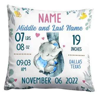 Personalized Mom Grandma Son Daughter Grandson Granddaughter Baby Announcement Nursery Elephant Pillow - Thegiftio UK