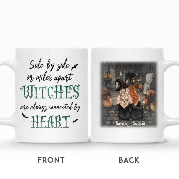 Custom Halloween Witches Besties Gifts Personalized Name Side By Side Or Miles Apart Witches Will Always Be Connected By Heart