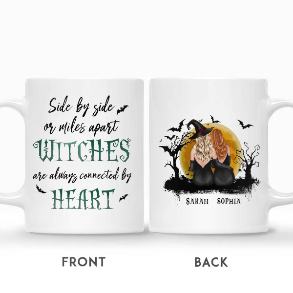 Custom Halloween Witches Besties Gifts Personalized Name Side By Side Or Miles Apart Witches Will Always Be Connected By Heart | Seseable CA