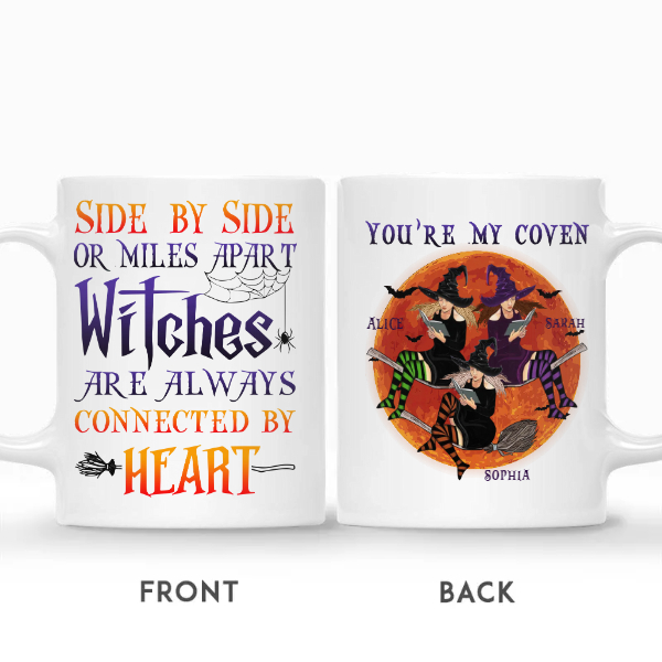 Custom Halloween Witches Reading Gifts Personalized Name  Side By Side Or Miles Apart Witches Will Always Be Connected By Heart